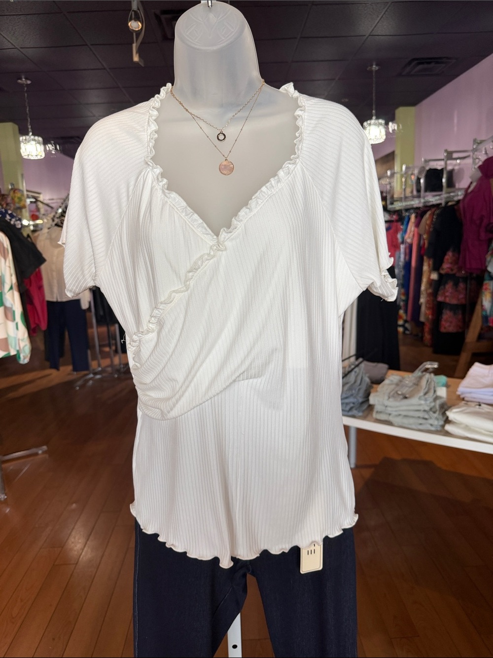 White Ruffled Wrap-Front Women’s Top